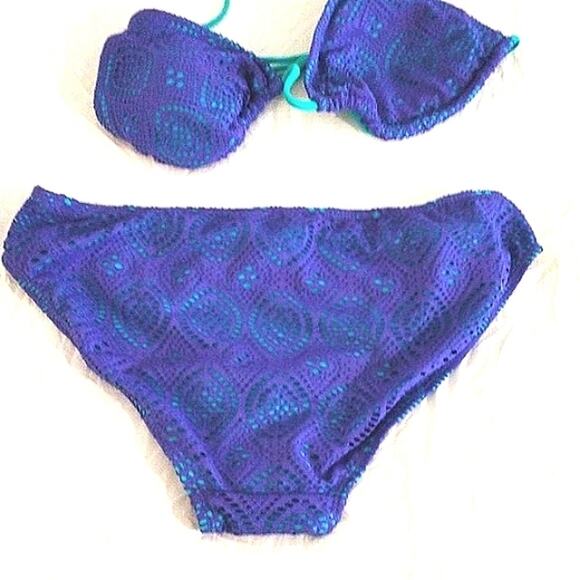 Crochet Eyelet Lace Bikini Sz M BLUE Triangle Bathing Suit Spaghetti Straps NEW - Picture 3 of 15